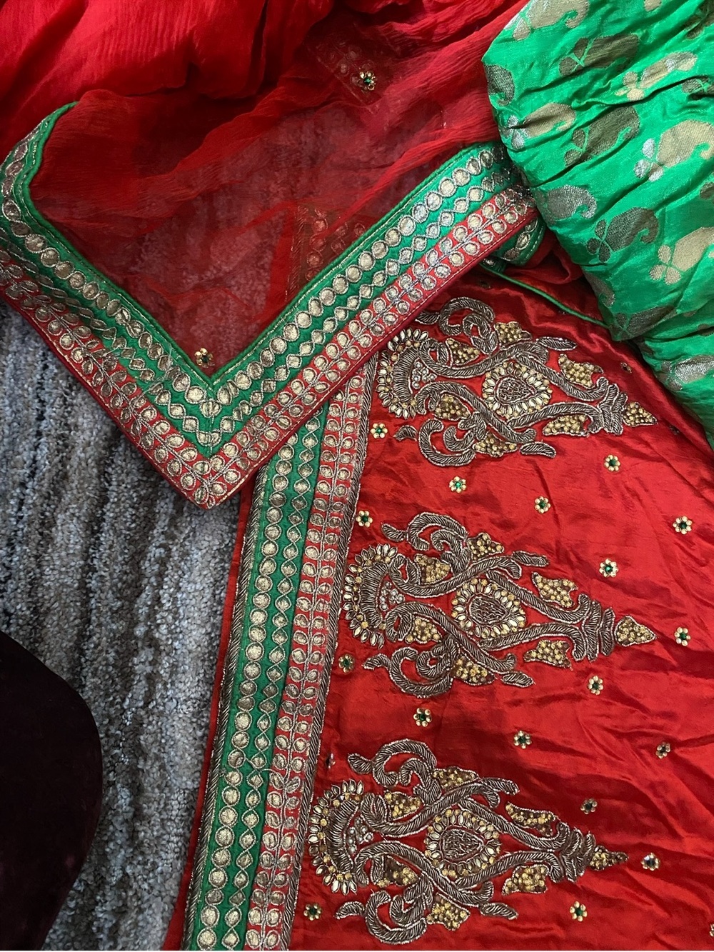 Red & Green Embroidered Indian Saree Dupatta Set